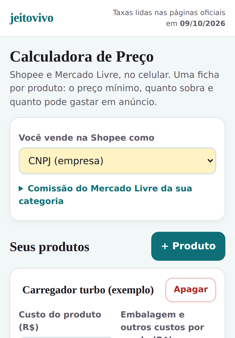 Versão para celular: escolha CNPJ ou CPF e a lista dos seus produtos